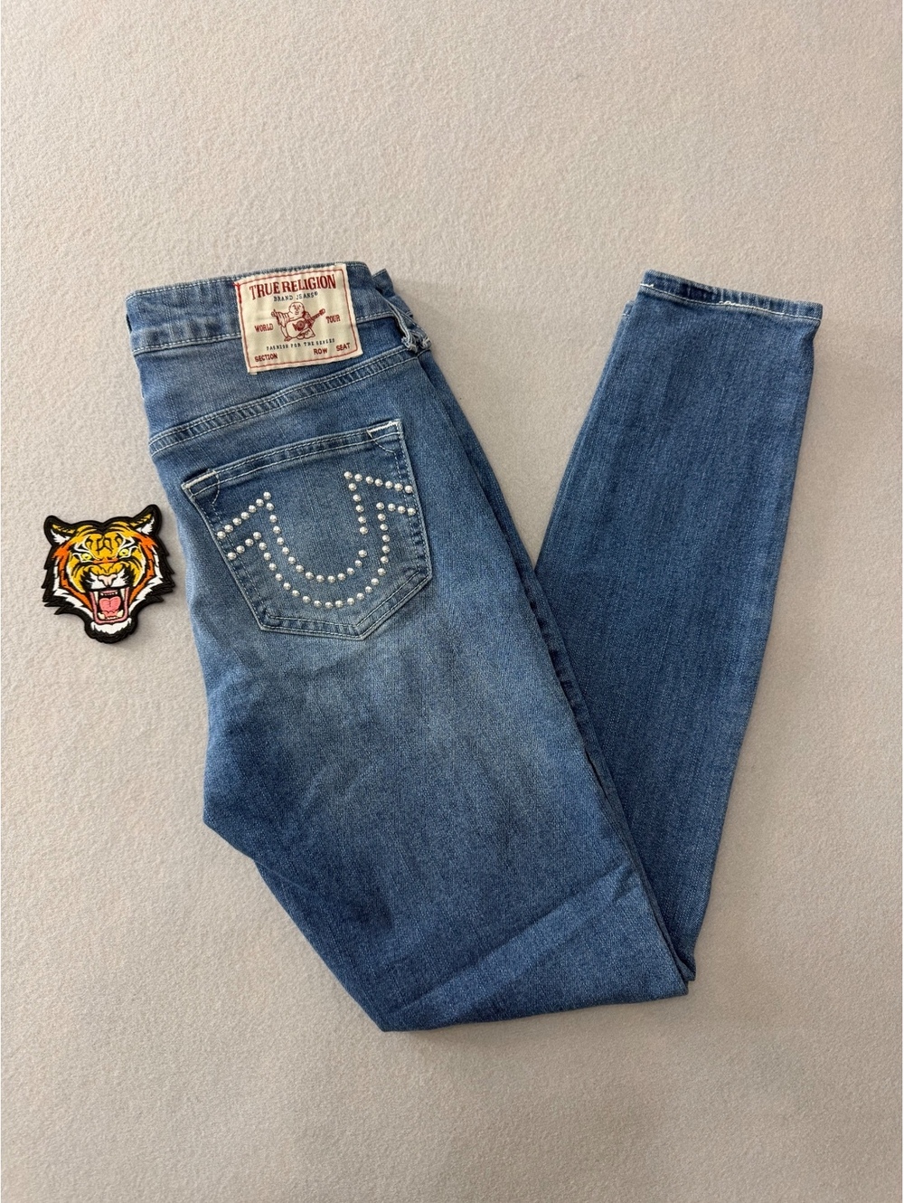 283/574 True Religion Jennie Curvy Mid Rise Super Skinny Jeans 26 Blue